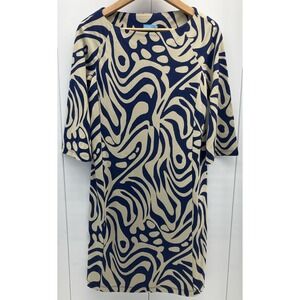 J. McLaughlin Campbell Boat Neck Navy Beige Puddle Print Dress Small Knee Length